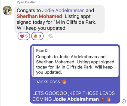 Calling team chat celebrating a $1M listing appointment signed in Cliffside Park