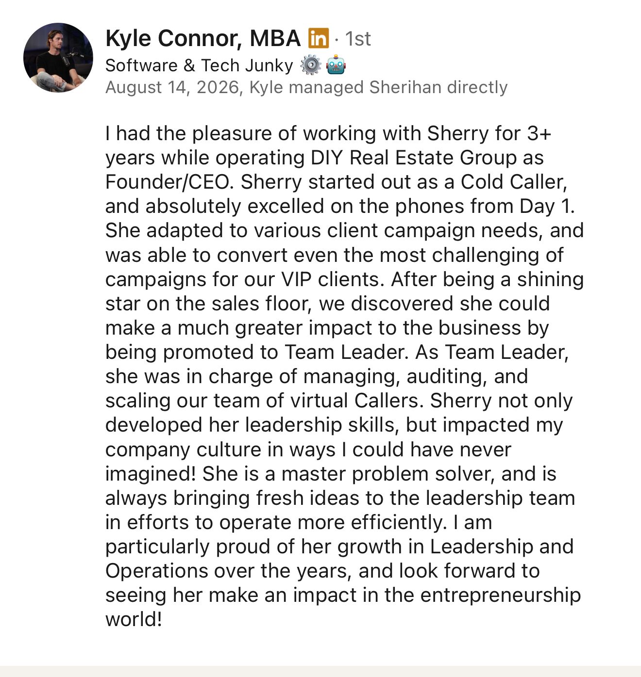 LinkedIn recommendation from Kyle Connor, MBA for the Owlssolutions calling team leadership
